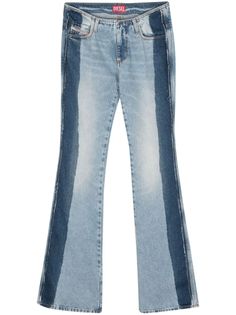 blue cotton denim low-rise belt loops at the waist classic five pockets side stripe detailing frayed edge internal logo tag bootcut concealed front button, hook and zip fastening Designer Wide Leg Denim Jeans, Designer Straight Leg Blue Jeans, Designer Blue Straight Leg Jeans, Disel Jeans, Y2k Washed Denim Blue Jeans, Low Rise Jeans With Two Buttons, Low Waist Bootcut Jeans, Diesel Jeans Women, Diesel Bottoms Faded Pants Blue Tradesy