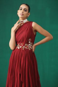 Shop for Minaki Maroon Georgette One Shoulder Embroidered Layered Gown for Women Online at Aza Fashions Red One Shoulder Dress For Wedding, One Shoulder Dress For Festive Reception, One-shoulder Festive Reception Dresses, Festive One-shoulder Dress For Reception, Festive One-shoulder Reception Dress, Festive One-shoulder Wedding Gown, Layered Gown, Gown For Women, Gowns Online