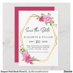 save the date card with pink roses and gold frame on white marble background, with text underneath