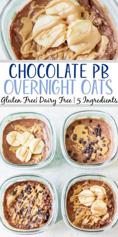 chocolate pb overnight oats in glass bowls with bananas and chocolate chips on top