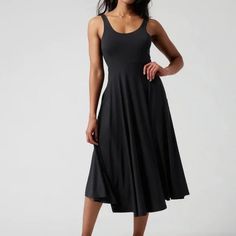 Athleta | Dresses | Athleta Black Santorini Midi Dress | Poshmark Sporty Stretch Dress For Yoga, Sporty Stretch Yoga Dress, Sporty Stretch Dress With Scoop Neck, Black Fitted Athleisure Dress, Sporty Fitted Scoop Neck Dress, Fitted Scoop Neck Dress For Workout, Sporty Scoop Neck Workout Dress, Sporty Fitted Dress With Scoop Neck, Black Stretch Athleisure Dress