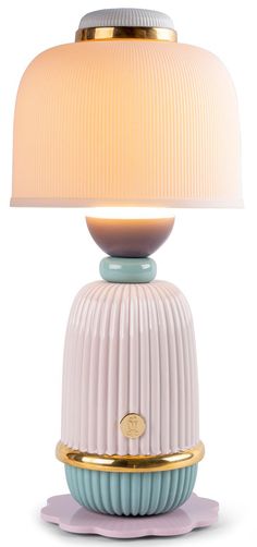 a table lamp that is on top of a white base with a light blue and pink shade