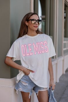 OLE MISS REBELS GAMEDAY ERA OVERSIZED CREWNECK TEE Oversized Crew Neck College Style T-shirt, Oversized School Spirit T-shirt With Letter Print, Summer Game Day T-shirt Crew Neck, Spring Crew Neck T-shirt College Style, Spring College Style Crew Neck T-shirt, Casual Cotton T-shirt For Game Day, Spring Streetwear T-shirt With School Spirit Style, Spring School Spirit Streetwear T-shirt, Spring Crew Neck T-shirt With School Spirit