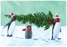 Penguin Tree Holiday Greeting Card Penguin Christmas Cards, Penguin Art, Penguin Christmas, Boxed Christmas Cards, Bird Gifts, Favorite Animals, Tree Cards, Christmas Canvas, Christmas Penguin