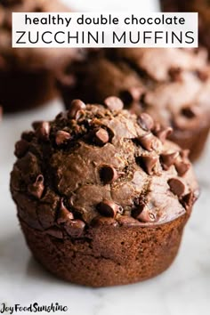 healthy double chocolate zucchini muffins with text overlay