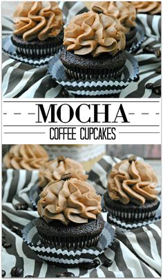 chocolate cupcakes with coffee frosting on top and the words mocha above them