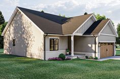 this is an artist's rendering of the front elevation of a house with two garages