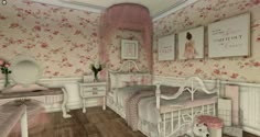 Bloxburg Fairycore Bedroom, Bloxburg Wall Decals Coquette Pink, Bloxburg Fancy Bedroom Ideas, Bloxburg Inspo Bedroom, Bloxburg Bedroom Ideas Coquette, Croquette Bloxburg House, Bloxburg Castle Room Ideas, Victorian Bloxburg Interior, Coquette House Exterior Bloxburg