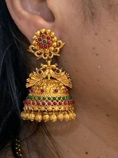 Temple Jewellery - 22 Karat Gold 'Peacock' Jhumkas (Buttalu) - Gold Dangle Earrings with Beads   - 235-GJH2208 - in 42.350 Grams for USD $3424.99. 
Made in India by Totaram Jewelers Online this product is in Gold - 22 Karat BIS Hallmark 916 KDM Gold  & is an excellent gift for Adult - Women. Ships fully insured with secured guaranteed delivery for free with your order over $250 from New Jersey USA & comes with 30 days exchange policy. Gold Bollywood Jhumkas With Peacock Design, 22k Gold Peacock Design Earrings For Ceremonial Occasions, Gold Jhumkas With Peacock Design For Celebrations, 22k Gold Peacock Design Earrings For Ceremonial, Gold Peacock Design Jhumkas For Festive Season, Festive Gold Jhumkas With Peacock Design, Ceremonial 22k Gold Peacock Earrings, Gold Chandbali Jhumkas With Peacock Design, 22k Gold Peacock Design Earrings For Festivals