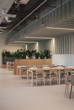 an empty room with tables and chairs in the center, plants on the wall behind them