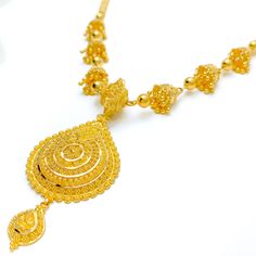 Traditional Chandelier Drop Long 22k Gold Necklace Set Gold Chandbali Necklaces For Eid, Gold Filigree Chandbali Necklace, Yellow Gold-plated Filigree Necklace, Gold Temple Jewelry Necklaces For Eid, Gold Necklaces With Intricate Design For Eid, Festive Gold Dangle Necklaces, Eid Gold Necklaces With Intricate Design, Traditional Gold Dangle Necklace, Yellow Gold Filigree Chandbali Necklaces