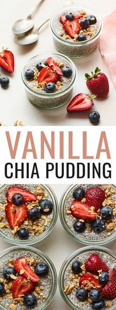 this is an image of vanilla chia pudding with strawberries and blueberries