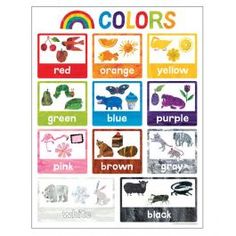 a poster with the words colors in different languages and pictures on it's sides