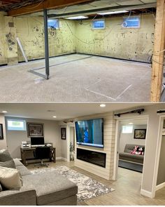 before and after pictures of an unfinished basement