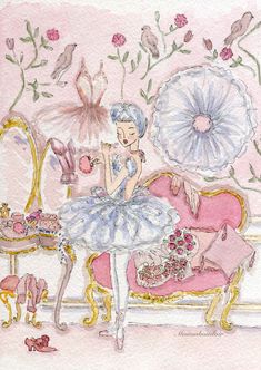 a watercolor painting of a ballerina sitting in front of a pink chair with flowers on it