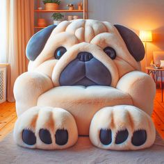 a large stuffed dog sitting on top of a chair