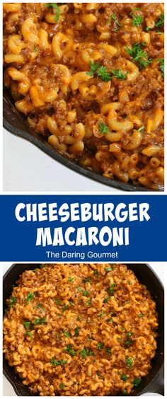 cheeseburger macaroni in a skillet with text overlay