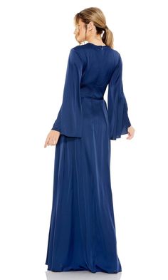 Midnight blue charmeuse a-line long formal dress with long sleeves and cut out keyhole neckline. Charmeuse Gown, Charmeuse Fabric, Colorful Dresses Formal, A Line Evening Dress, Angel Sleeves, Full Length Skirts, Chiffon Fashion, Prom Designs, Designer Prom Dresses