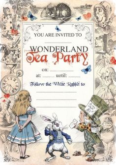 an old fashioned wonderland tea party with alice and the white rabbit on it's birthday card