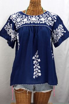 Siren's "La Lijera" Embroidered Peasant Blouse Mexican Style in Denim with White Embroidery.  Check out all of our emboidered blouses at http://www.sirensirensiren.com/new!-embroidered-peasant-tops Cute Lazy Outfits, Denim Blouse