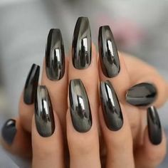 Black Chrome Nails, Mirror Long, Ballerina Coffin, Mirror Nails, Punk Design, Chrome Mirror, Nails Fake, Metallic Nails