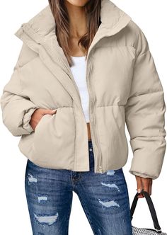 Fast Shipping Quality Product Great Support MEROKEETY Women's Winter Long Sleeve Zip Puffer Jacket Stand Collar Baggy Short Down Coats with Pockets Full Polyester Imported Zipper closure Machine Wash Size Guide: XS=US 0-4, S=US 4-6, M=US 8-10, L=US 12-14, XL=US 16-18, Model is 5' 6"" and wears a size XS. Shell/Lining Fabric: 100% polyester.. Cozy fit jacket coat is chic and warm to wear all day. Unique design: Front zipper closure, two hand pockets, loose fit, stand collar, long sleeve, drop shoulder, soft and warm padded, solid color, oversized look, elasticated cuffs in a puffer style. This down jacket is a timeless and ideal companion on cold days! It has high-quality fabrics, which can protect you from the wind or snow, and keep body warmth as well as exuding confidence and modernity. Short Coats, Bulky Sweaters, Winter Puffer Jackets, Cropped Puffer Jacket, Winter Coats Women, Casual Coat, Plus Size Casual, Puffer Coat, Quilted Jacket