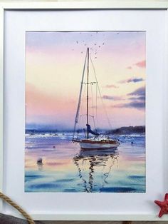 a watercolor painting of a sailboat in the ocean at sunset with seagulls