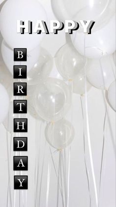 a birthday card with white balloons and the words happy birthday written in black on it