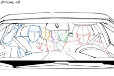 a drawing of the interior of a car with three people sitting in front of it