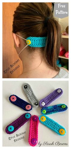 crocheted hair clips with buttons are shown in three different colors and the same pattern is