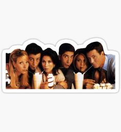 the friends sticker is sitting on top of a white table with drinks in front of them