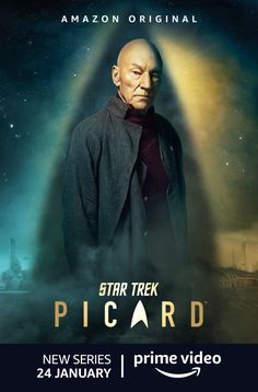 the poster for star trek picard features an older man in a black coat and red shirt