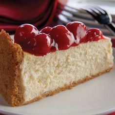 a piece of cheesecake with cherries on top