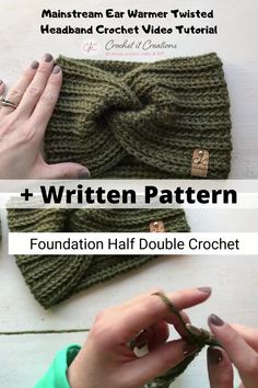 two pictures showing how to crochet the knitted headband and wrist warmer