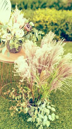 flowers and plants are sitting on a table in the grass