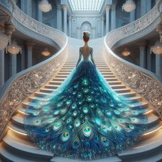 a woman in a blue dress is standing on the stairs with a peacock tail painted on it