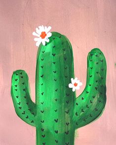 a painting of a green cactus with white flowers on it's head and pink background