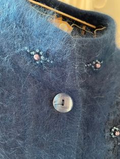 Absolutely gorgeous bright blue embellished with beads rabbit angora hair and acrylic and nylon coat / jacket. Buttons in the front. XL one size. Great condition! Fall Blue Beaded Outerwear, Easter Pajamas, Rabbit Fur Jacket, Green Apron, Rabbit Fur Coat, Coats Vintage, Fur Coat Vintage, Vintage Rabbit, Pink Easter