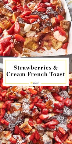 strawberries and cream french toast with powdered sugar on the top in a white dish