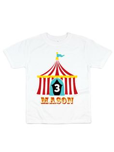 Celebrating your kiddo's birthday at the circus? Be the most stylish under the big top in this personalized birthday tee! Customize with any name by writing it in the box below. Also, select their age from the drop-down menu to complete the tee! 100% cotton black, white, & red color options short sleeve length kids, unisex style heat transfer vinyl design printed in Philadelphia, PA Fun Red T-shirt With Name Print, Red Character Print T-shirt For Playtime, Fun Red T-shirt For Playtime, Personalized Red Short Sleeve T-shirt, Personalized Red T-shirt With Short Sleeves, Personalized Red Tops For Birthday, Under The Big Top, Top Kids, Big Top