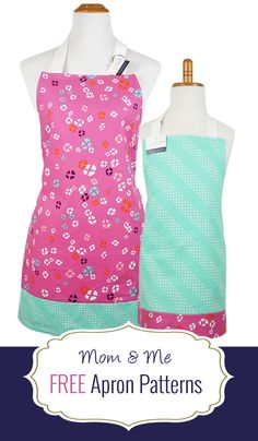 two aprons with different designs on them, one is pink and the other is blue