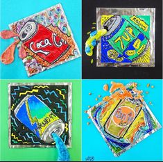 four different pictures with various items made from plastic wrappers and colored pencils on them