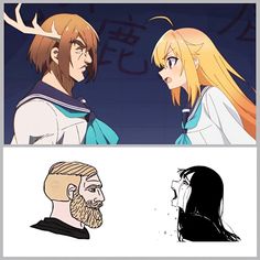 two anime characters with long hair and beards, one is looking at the other