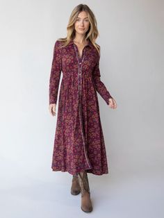 Christa Cotton Midi Dress - Cranberry Brown Floral-view 1 Winter Dress Ideas, Dresses With Tights, Floral Cottage, 2012 Fashion, Cotton Maxi Dress, Effortless Outfit, High Waist Dress, Gorgeous Clothes, Long Sleeve Knit Dress