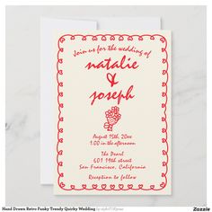 a wedding card with red lettering on it