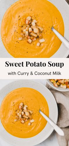 two bowls of sweet potato soup with curry and coconut milk, on a white surface