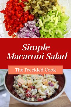 simple macaroni salad in a bowl with the title overlay