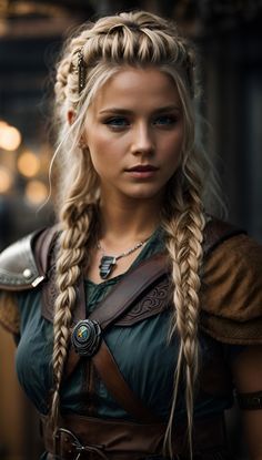 Nordic Women Hairstyles, Girl Viking Hair, Blonde Viking Woman, Viking Women Hair, Nordic Braids Women, Warrior Braids Woman, Nordic Hairstyles Women, Norse Hairstyles Women