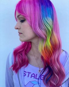 Rainbow and pink hair Half Rainbow Hair, Split Dyed Hair, Hot Pink Hair, Awesome Hair, Awesome Pictures