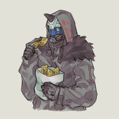 a drawing of a man in a hoodie eating chips